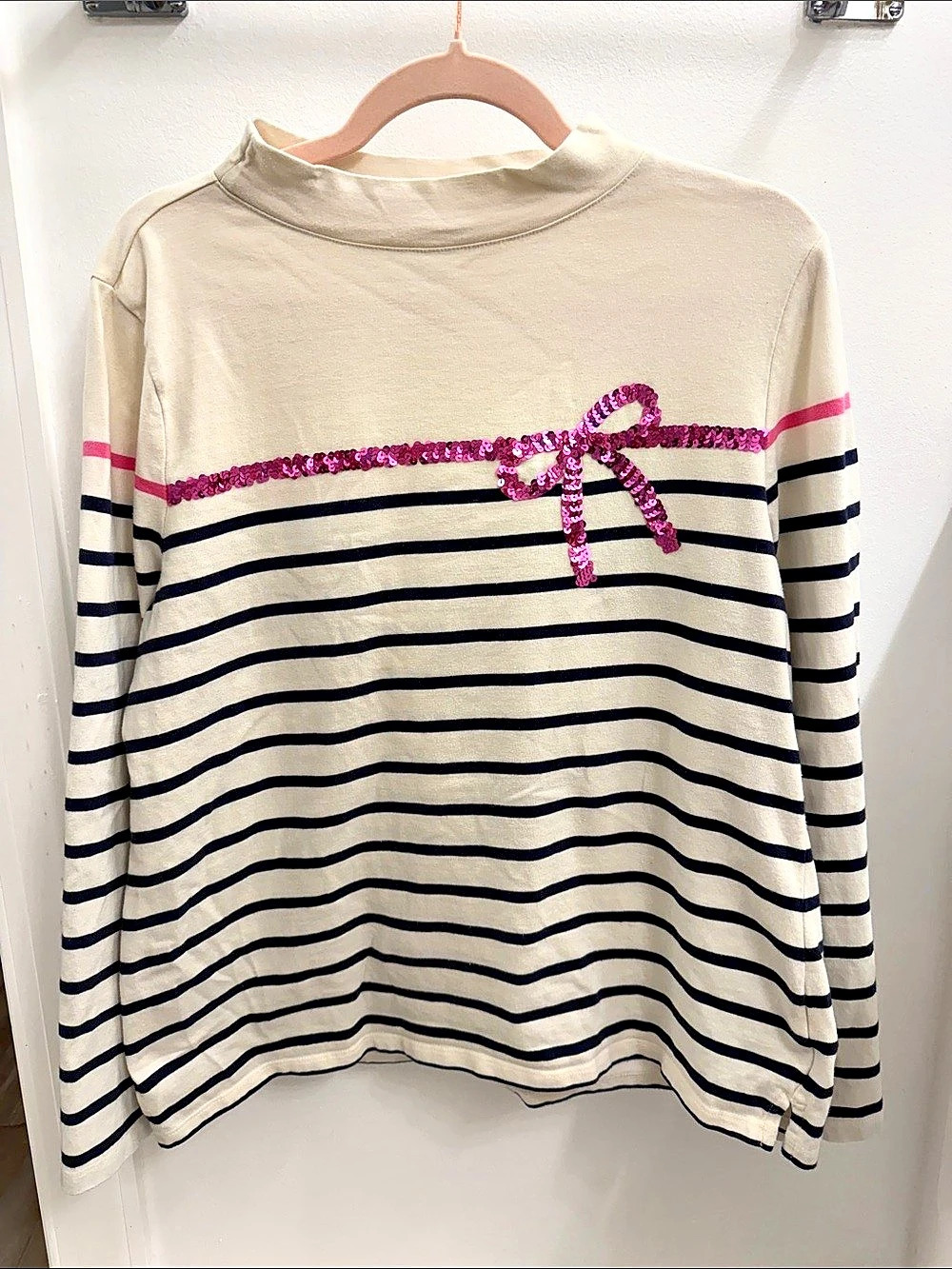 Talbots Striped Sequin Bow Mock Neck Top Cream & Pink Large